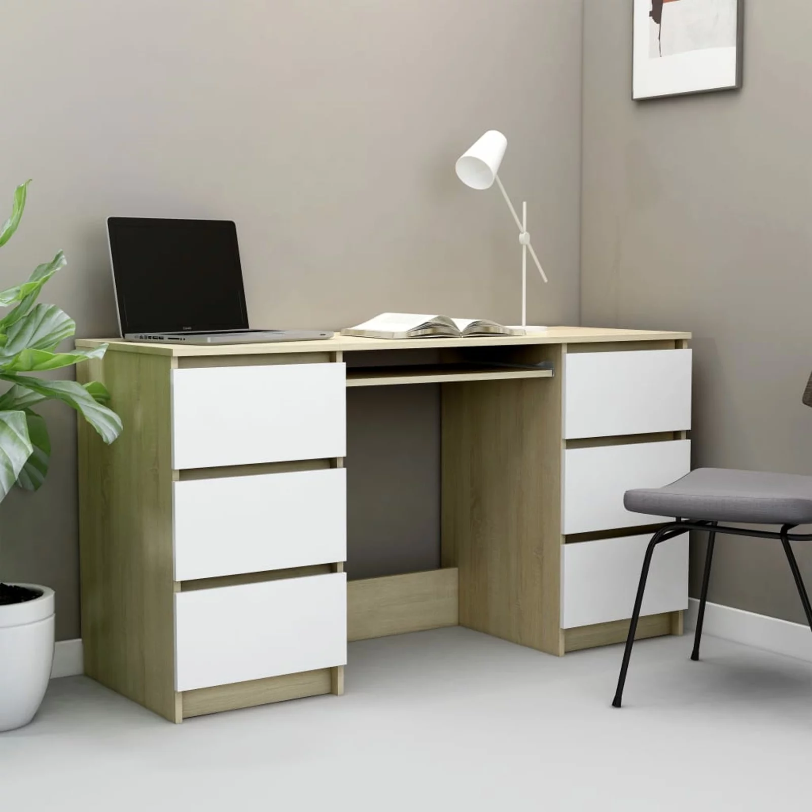 Dcenta Modern Computer Desk with 6 Storage Drawers Chipboard Writing Desk Multifuctional Laptop Gaming Table Home Office Furniture White Sonoma Oak