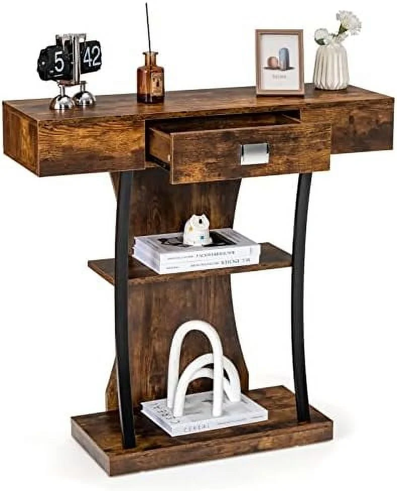 WTYNKAE 3-Tier Console Table  Narrow Sofa Table with  Drawer  Open Shelves &amp