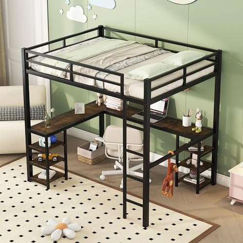 Harper & Bright Designs Full Size Loft Bed with Wardrobe and L-Shaped Desk, Metal Loft Bed with Storage Cubes, Cabinet, Shelves for Kids Teens, White