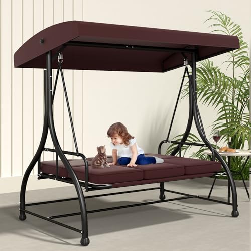 3-Seat Outdoor Porch Swing Glider with Adjustable Canopy, Patio Swings Bed with Removable Cushion for Porch, Backyard, Garden, Poolside, Balcony