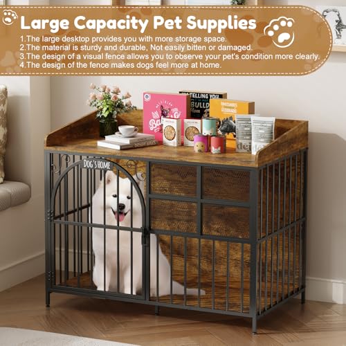 41.4" Large Dog Crate Furniture with Chew-Resistant, Heavy Duty Dog Kennel Indoor with Storage, End Table Wooden Dog Cage with Name Tag