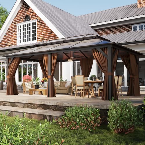 Aoxun 12'x16' Hardtop Gazebo, Aluminum Frame Permanent Pavilion with Netting and Curtains, Outdoor Polycarbonate Double Roof Canopy