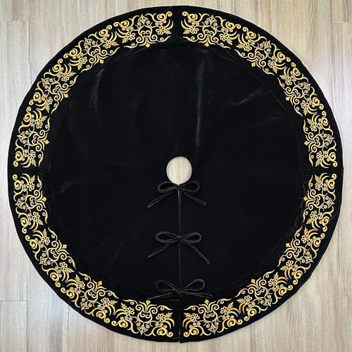 72-Inch Victorian Velvet Christmas Tree Skirt with Gold Damask Embroidery and Plush Lace Ties, Burgundy