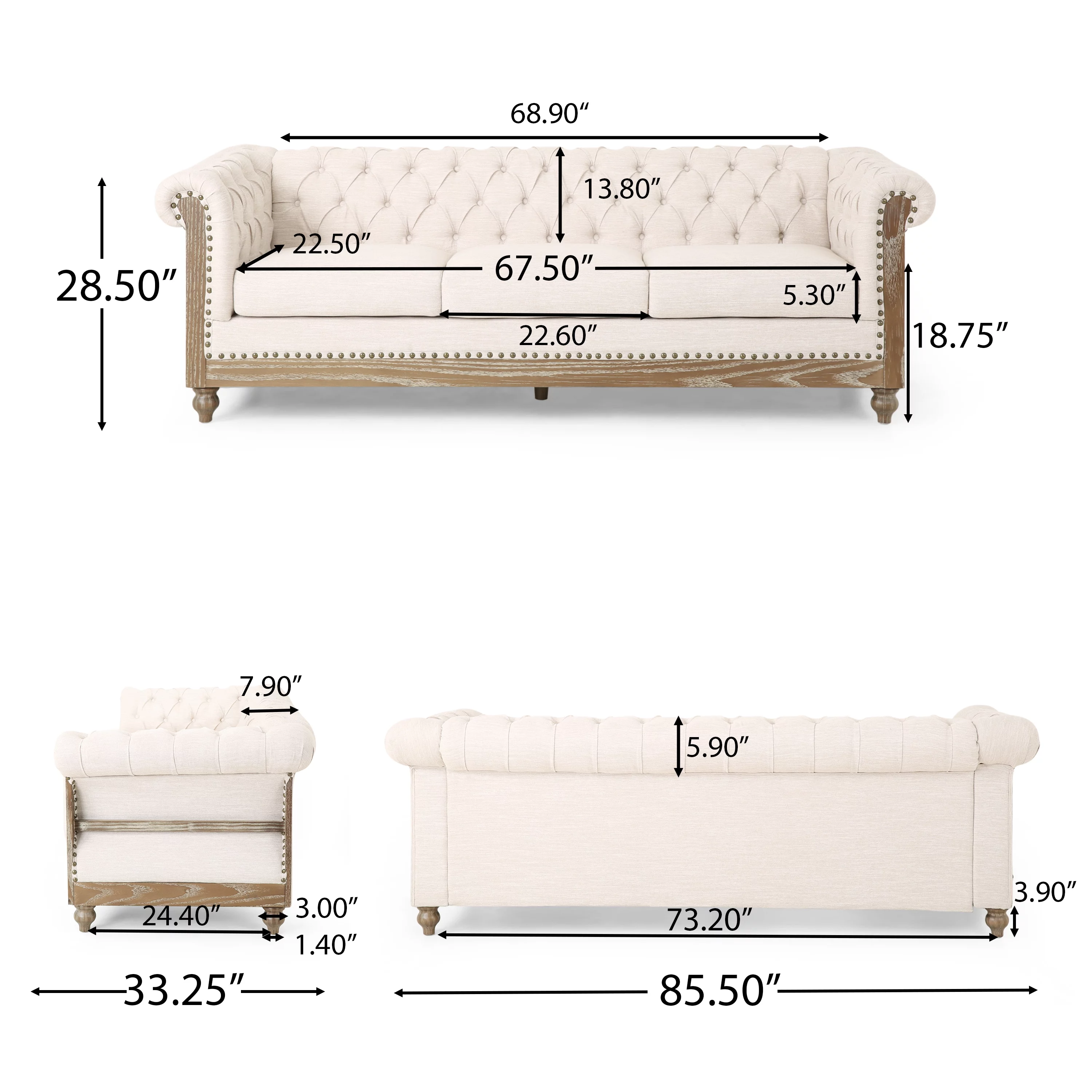Noble House Petes Fabric Tufted 3 Seater Sofa, Beige