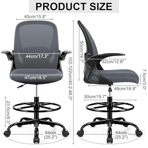 Primy Drafting Chair Tall Office Chair with Flip-up Armrests Executive Ergonomic Computer Standing Desk Chair with Lumbar Support and Adjustable