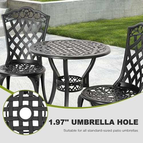 NUU GARDEN 3 Piece Bistro Set Outdoor, All Weather Cast Aluminum Patio Bistro Sets Patio Table and Chairs Set of 2 with Umbrella Hole for Yard
