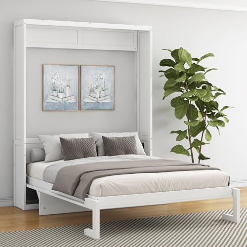 SOFTSEA Full Murphy Bed Wall Beds, Wood White Cabinet Bed 61.5” Foldable Platform Bed with Shelf for Guest Room