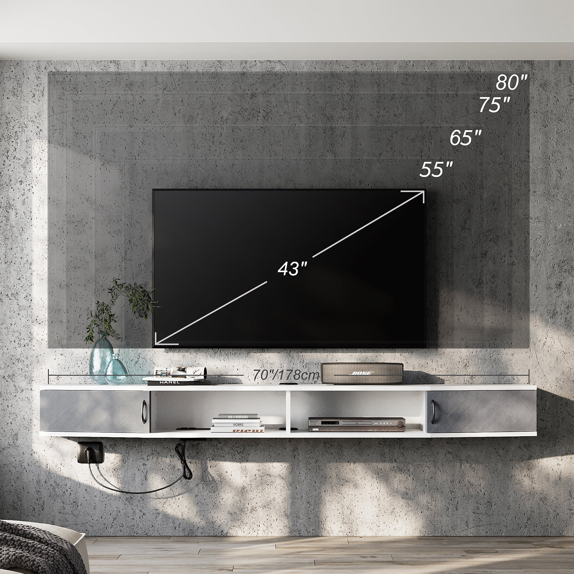 70 Inch Floating TV Stand with Storage Cabinet for TVs up to 80 inch,White