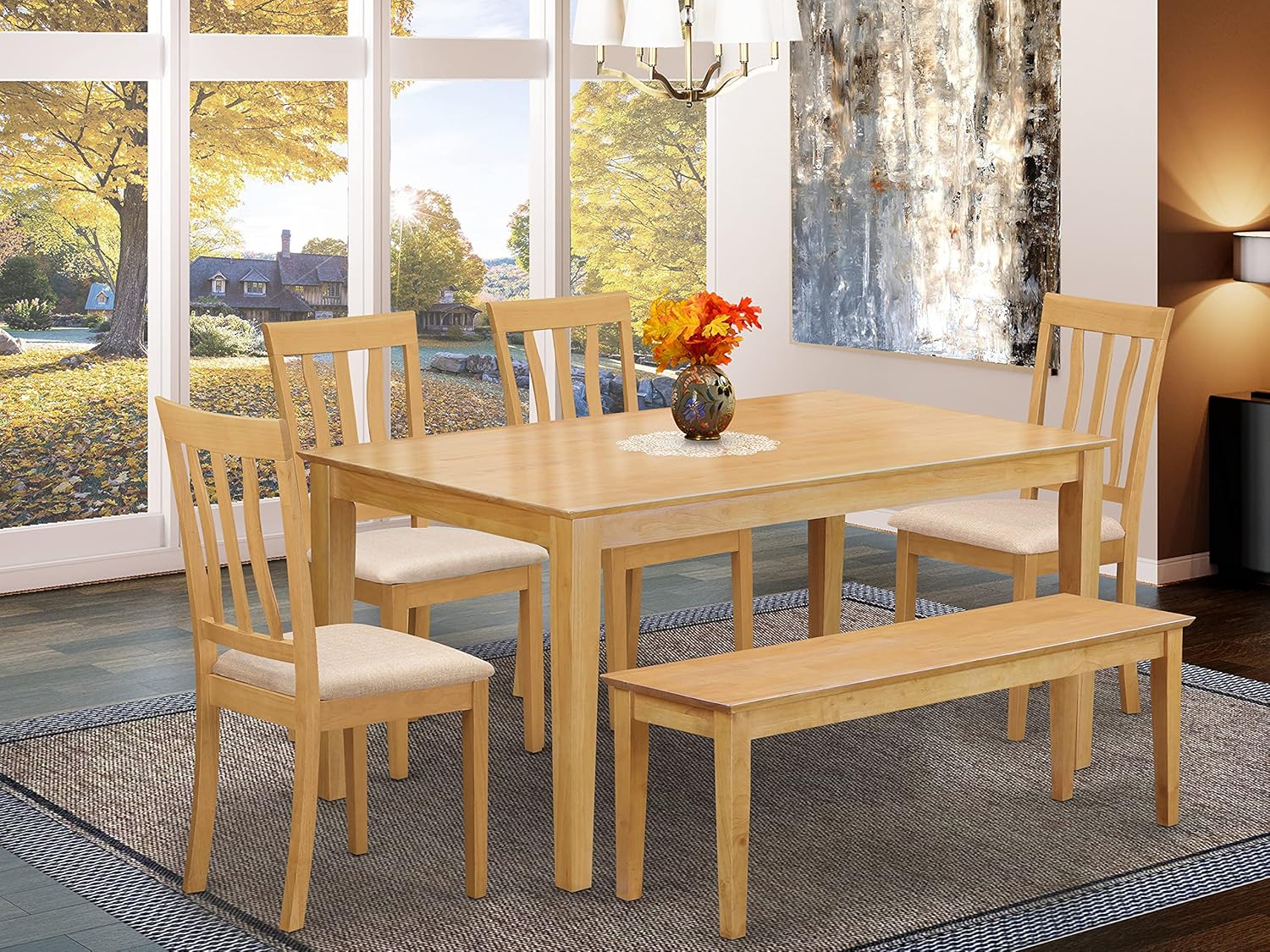 East West Furniture CAAN6-OAK-C Wood Dining Table Set 6 Piece - Linen Fabric Modern Dining Chairs Seat - Oak Finish Small Table and Bench