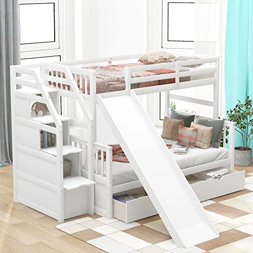 SOFTSEA Twin Over Full Bunk Bed with Slide, Solid Wood Bunk Beds with Stairs for Kids