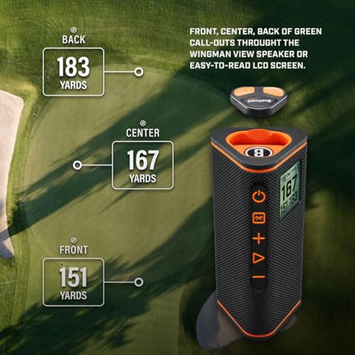 Bushnell Golf Wingman View GPS Speaker | LCD Screen, Magnetic Mount, Music & Audible Distances for 36,000+ Courses, Wireless Remote, 36-Hole Battery