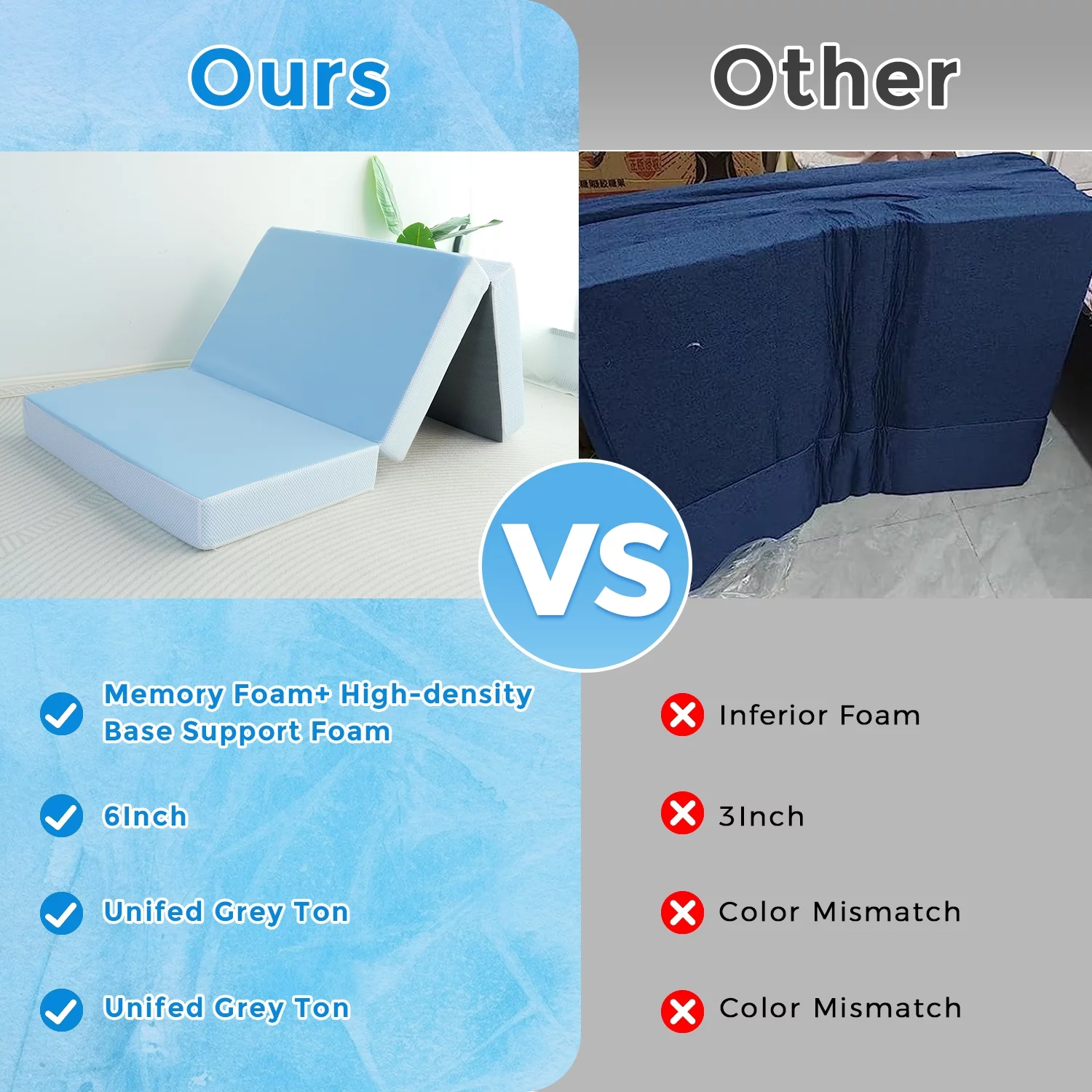 BYBYME 6 inch Folding Mattress, Cooling Memory Form Portable Trifold Mattress with Washable Cover and Non-Slip Bottom