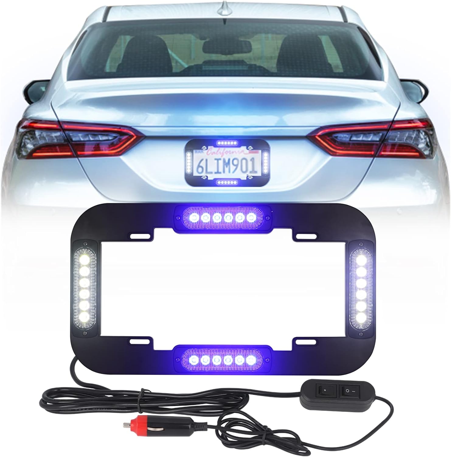 Emergency License Plate Strobe Lights Front/Rear Hazard Warning Safety Flashing Police Lights w/ Black Frames for Vehicles Trucks Cars (Red and Blue