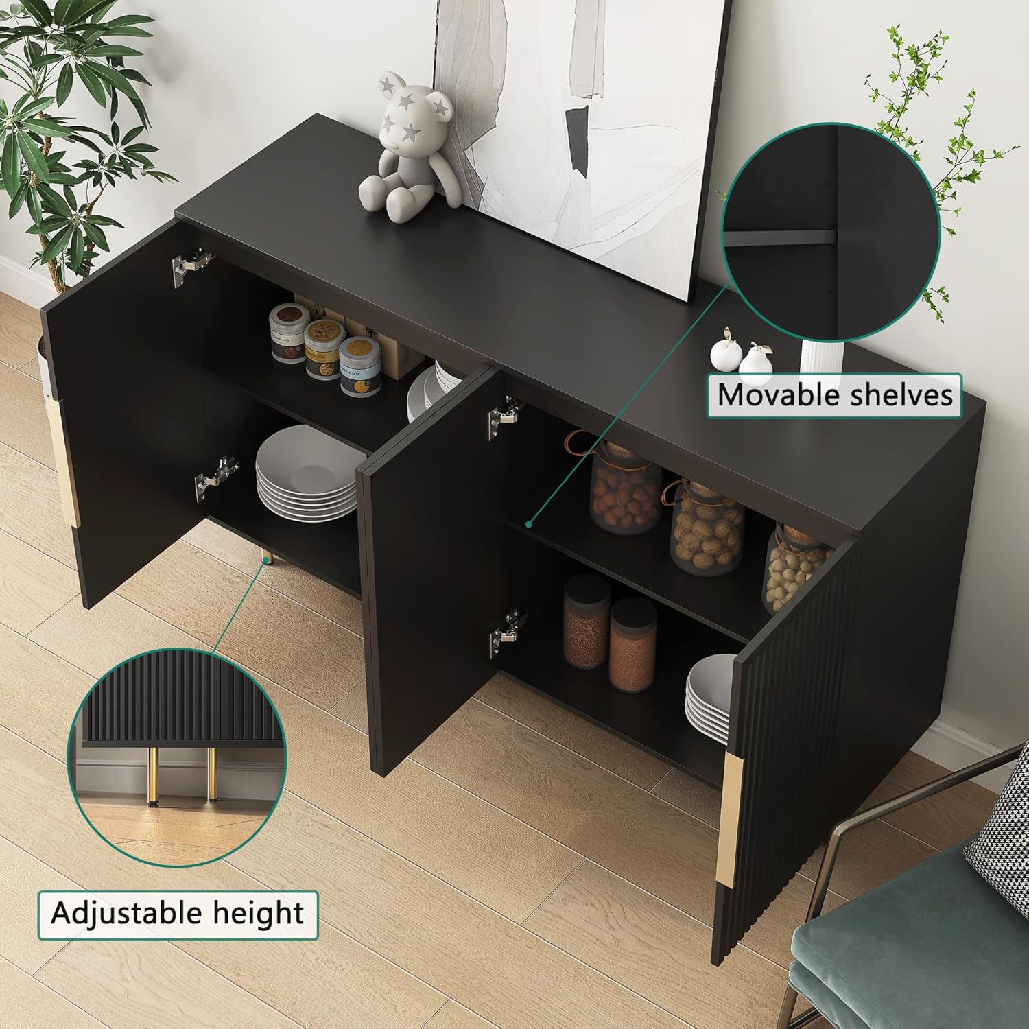 Buffet Cabinet with Storage,Sideboard Buffet Storage Cabinet,Black Storage Cabinet with 4 Fluted Doors & Adjustable Shelf