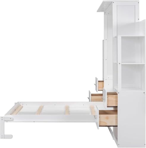 MERITLINE Queen Murphy Bed with Storage Drawers,LED Lights and Shelves,Wood Murphy Wall Bed Cabinet for Adults (Grey)