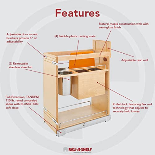 Rev-A-Shelf 448KB-BCSC-11C 11 Inch Base Pullout Kitchen Cabinet Organizer with 2 Universal Knife Blocks and Stainless Steel Utensil Storage Bin