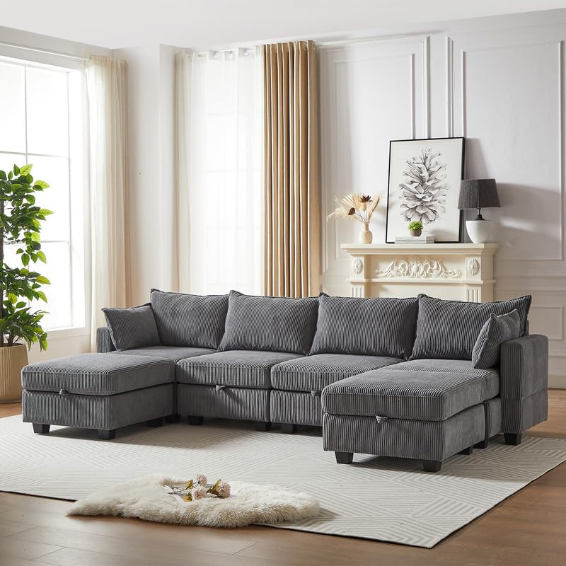 U Shaped Modular Sectional Sofa Couch, Corner Sofa with 4pcs Waist Pillows, Chaise Lounge, Terrycloth Fabric Sofa