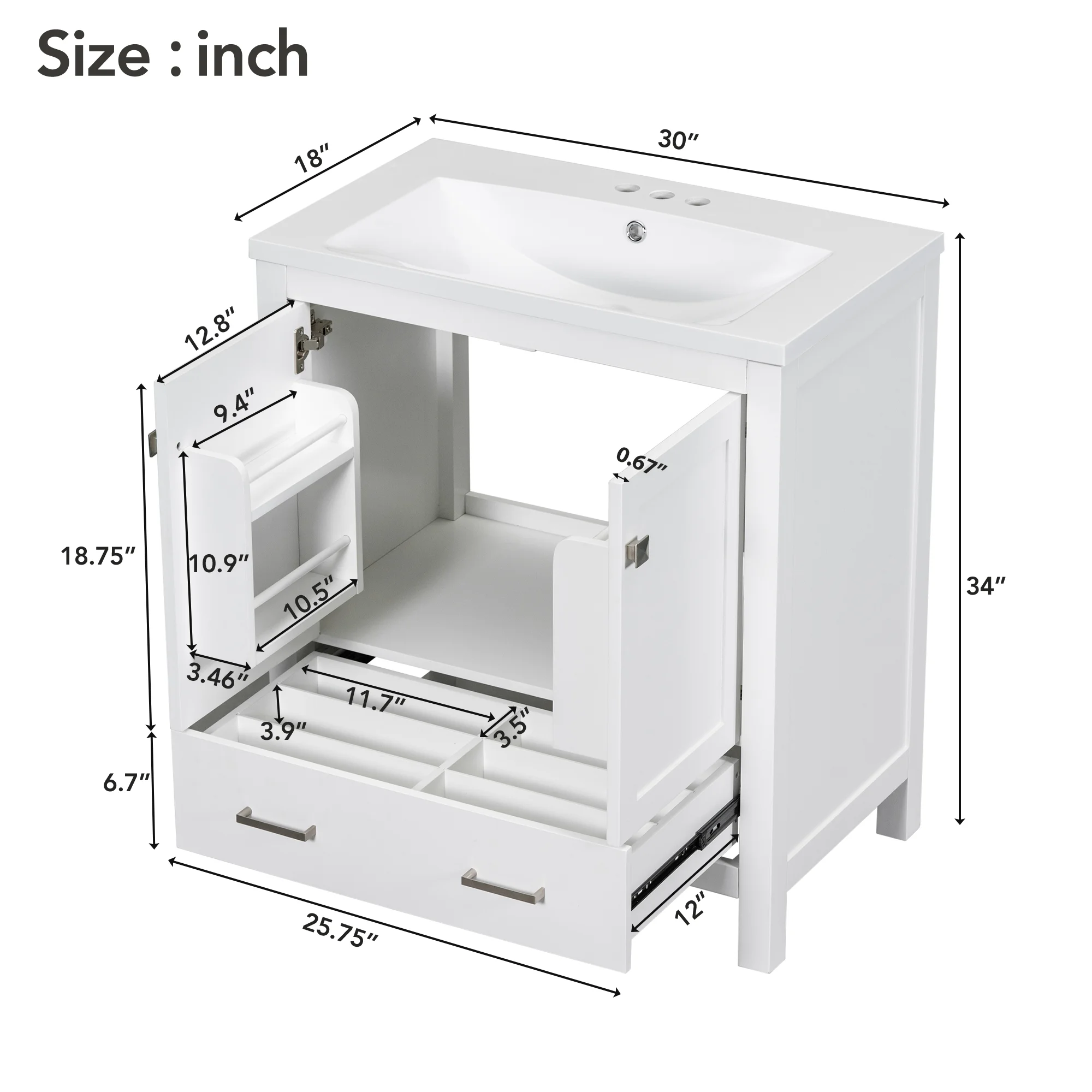 EUROCO 30" Bathroom Vanity with Sink, Bathroom Vanity Cabinet with 2 Doors and a Drawer, Soft Closing, Multifunctional Storage, Solid Wood Frame,White