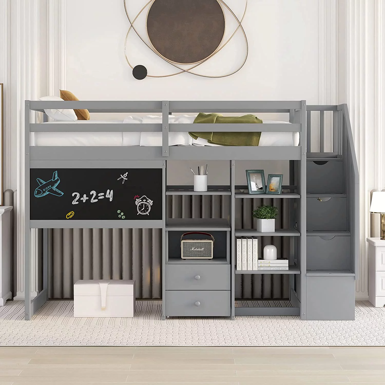 Churanty Twin Size Loft Bed with Pullable Desk and Storage, Wood Loft Bed with Staircase and Blackboard for Kids Teens Adults,Grey