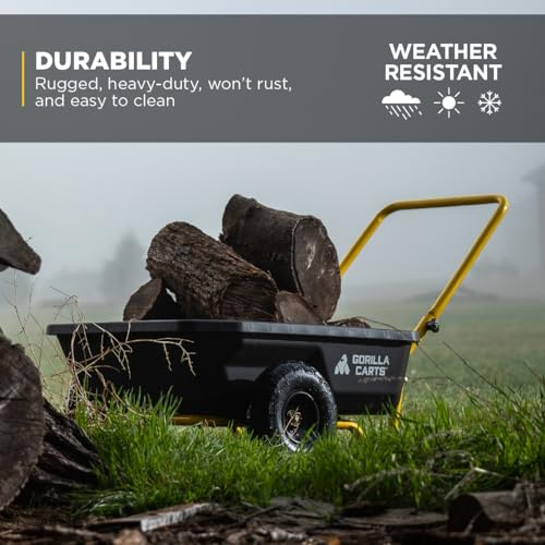 Gorilla Carts Heavy-Duty Dump Cart, Patented Quick-Release Dumping, Steel Frame, 600 lb Capacity, No-Flat 10-Inch Tires, Utility Wagon for Garden