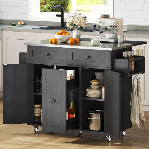 DWVO Kitchen Island on Wheels, Mobile Kitchen Island Cart with Folding Drop Leaf Breakfast Bar, Island Table for Kitchen with Large Storage Cabinets