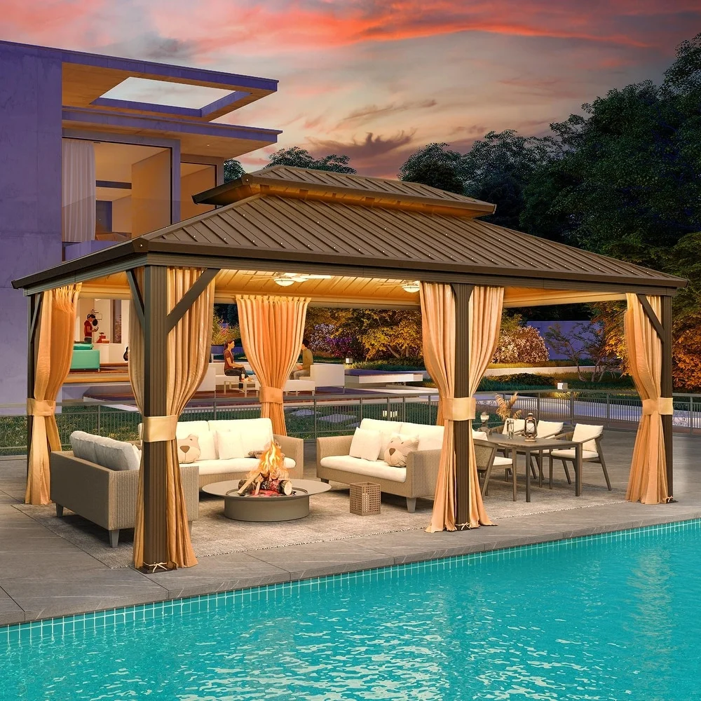Richryce 12'x18' Hardtop Gazebo with Galvanized Steel Double Roof & Aluminum Frame, Outdoor Gazebo with Premium Curtains and Nettings