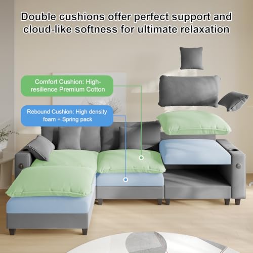Modular Sectional Sofa, Cloud Couch with Ottoman, Charging Station, Throw Pillows, Cup Holders, Modern Convertible U Shaped Couches for Living Room