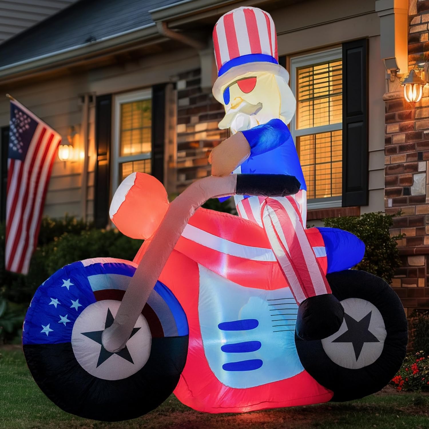 Dazzle Bright 4th of July Inflatable Decorations, 6FT Uncle Sam on Motorcycle Pre-Lit LED Independence Day Decor