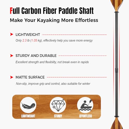 Kayak Paddle with Full Carbon Fiber Shaft and Wooden Blade, Floating Kayak Oars Anti-Collision Edge, Adjustable 220-230 cm/86-90 Inches