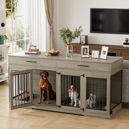 Rophefx 72" Dog Crate Furniture for 2 Dogs, Large Double Dog Kennel Indoor Furniture with 2 Storage Drawers and Removable Divider
