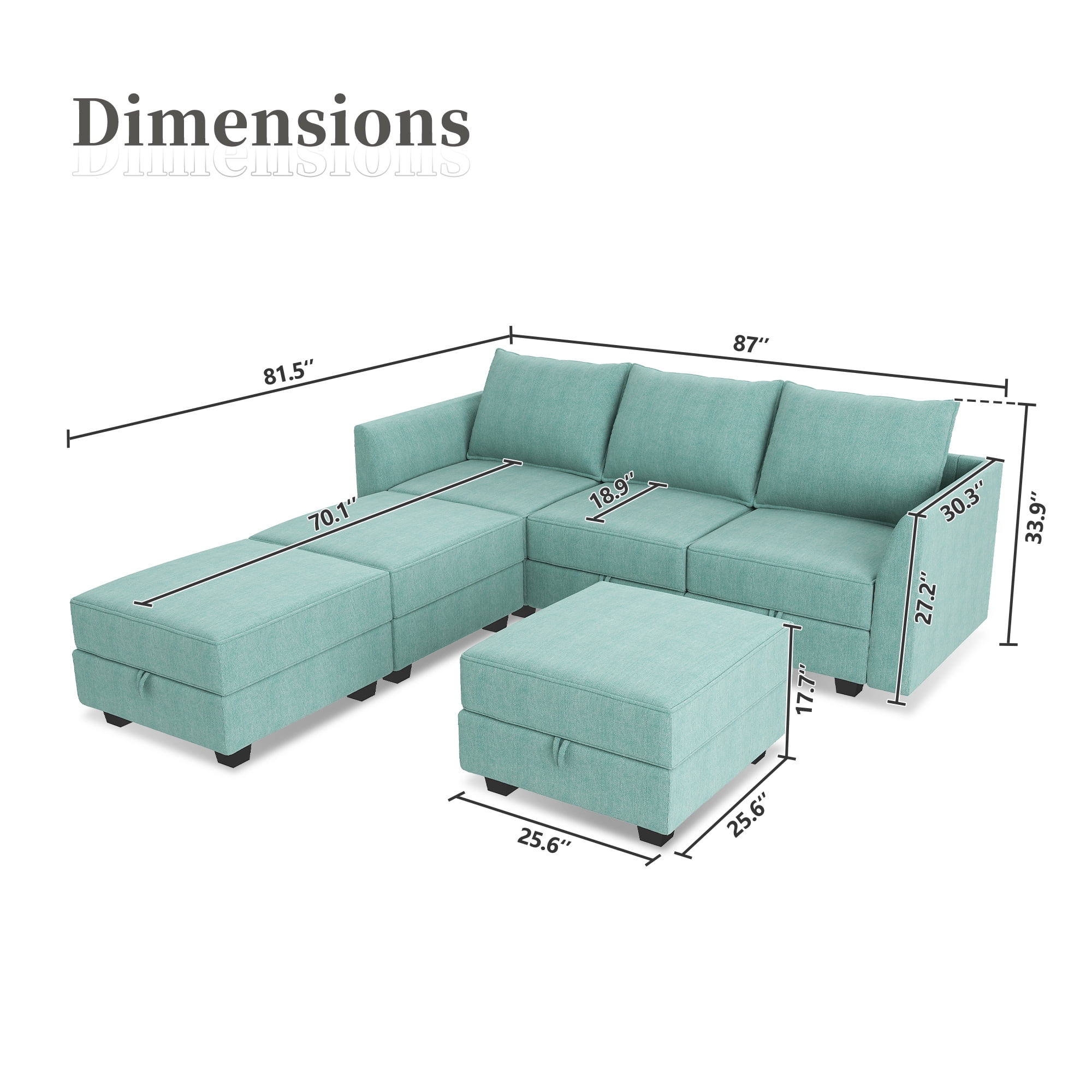 HONBAY Modern Convertible 6 Pieces Fabric Sleeper Sectional Couch Sofa Bed with Storage Ottomans, Aqua Blue - Curated Treasures Market
