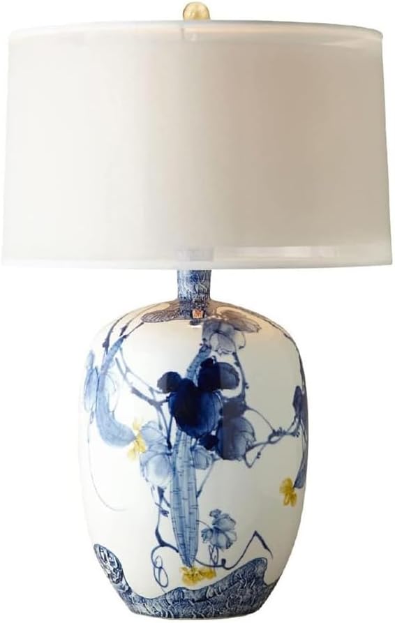 Chinese Blue and White Porcelain Table Lamp Porcelain Temple Jar Blue Floral White Drum Shade Decor Reading Light for Living Room Bedroom House