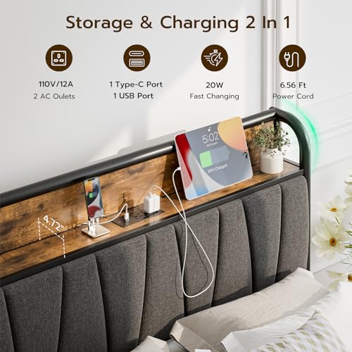 Queen Size Bed Frame with Headboard and Storage 4 Drawers Platform Bed Frame with Storage Chargin Station LED Light Bed Frame