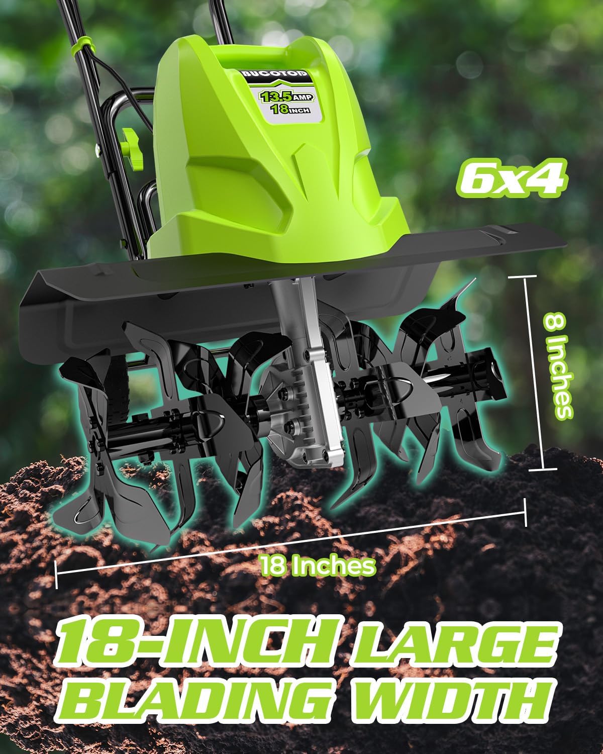 18-Inch 13.5 Amp Tiller/Cultivator with 6 Steel Tines, 3-Adjustable Wheels, Foldable Handle, 8'' Tilling Depth Electric Corded Tillers