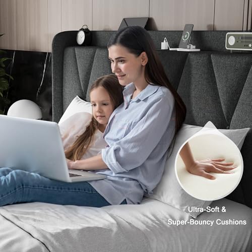 Queen Bed Frame with 4 Storage Drawers and Charging Station, Upholstered Platform Bed Frame with Storage Headboard, No Box Spring Needed