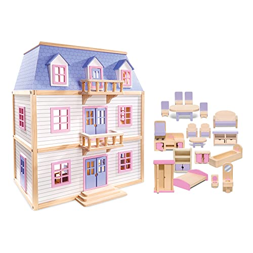Melissa & Doug Wooden Multi-Level Dollhouse Wooden Multi-Story Pretend Play Dollhouse for Kids