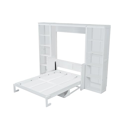 Queen Size Murphy Bed Wall Cabinet with 2 Wardrobe and Storage Shelf, Wooden Murphy Cube Wall Bed