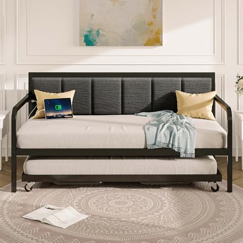 Rolanstar Daybed with Charging Station and LED Lights, Height Adjustable Twin Daybed with Trundle