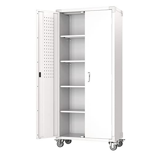 Garage Storage Cabinet with Wheels & Pegboard, 72" H Locking Metal Storage Cabinet with Doors and 4 Adjustable Shelves for Garage Workshop Home