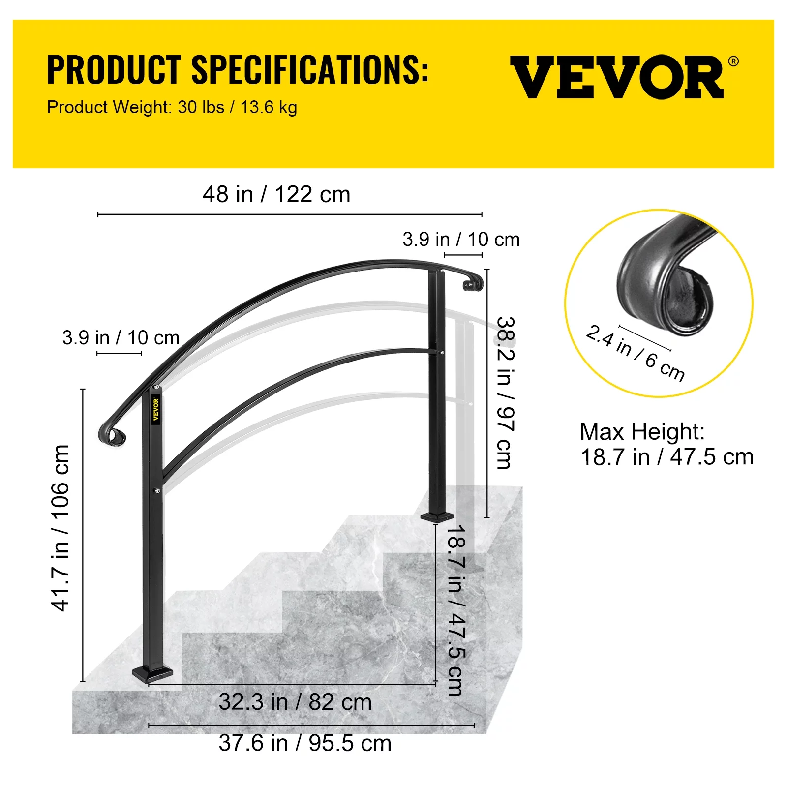 VEVORbrand 1-4 Step Handrail Rackable to a range of 0&deg;to 45&deg