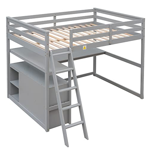 Harper & Bright Designs Twin Size Loft Bed with Wardrobe, Desk and Multiple Storage Shelves, Solid Wood Loft Bed Frame with Bookshelf