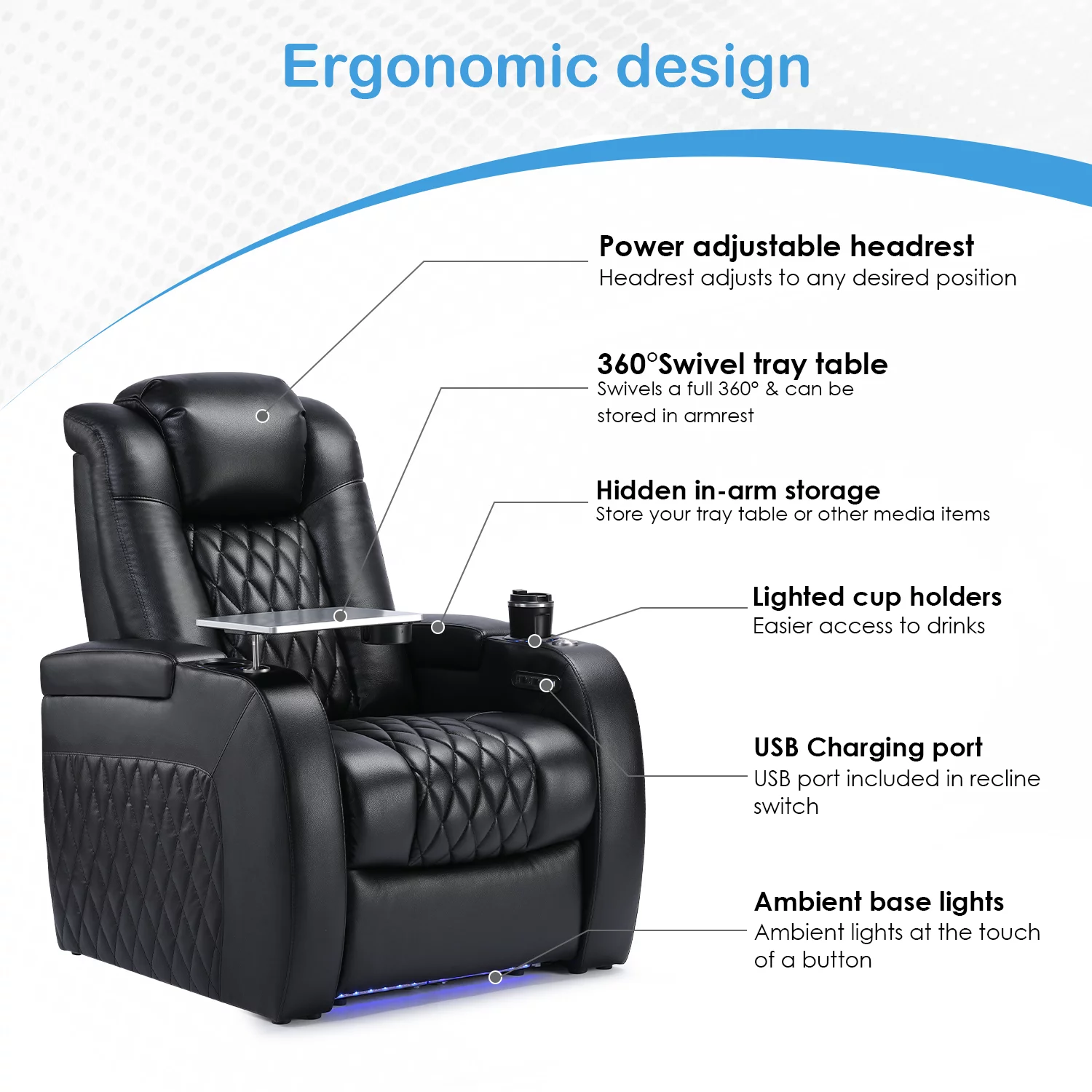 Weilianda Home Theater Seating Top Grain Leather Recliner Chair Dual Power Movie Gaming Sofa Electric Headrest with Tray Table Type-C USB Charge Cup