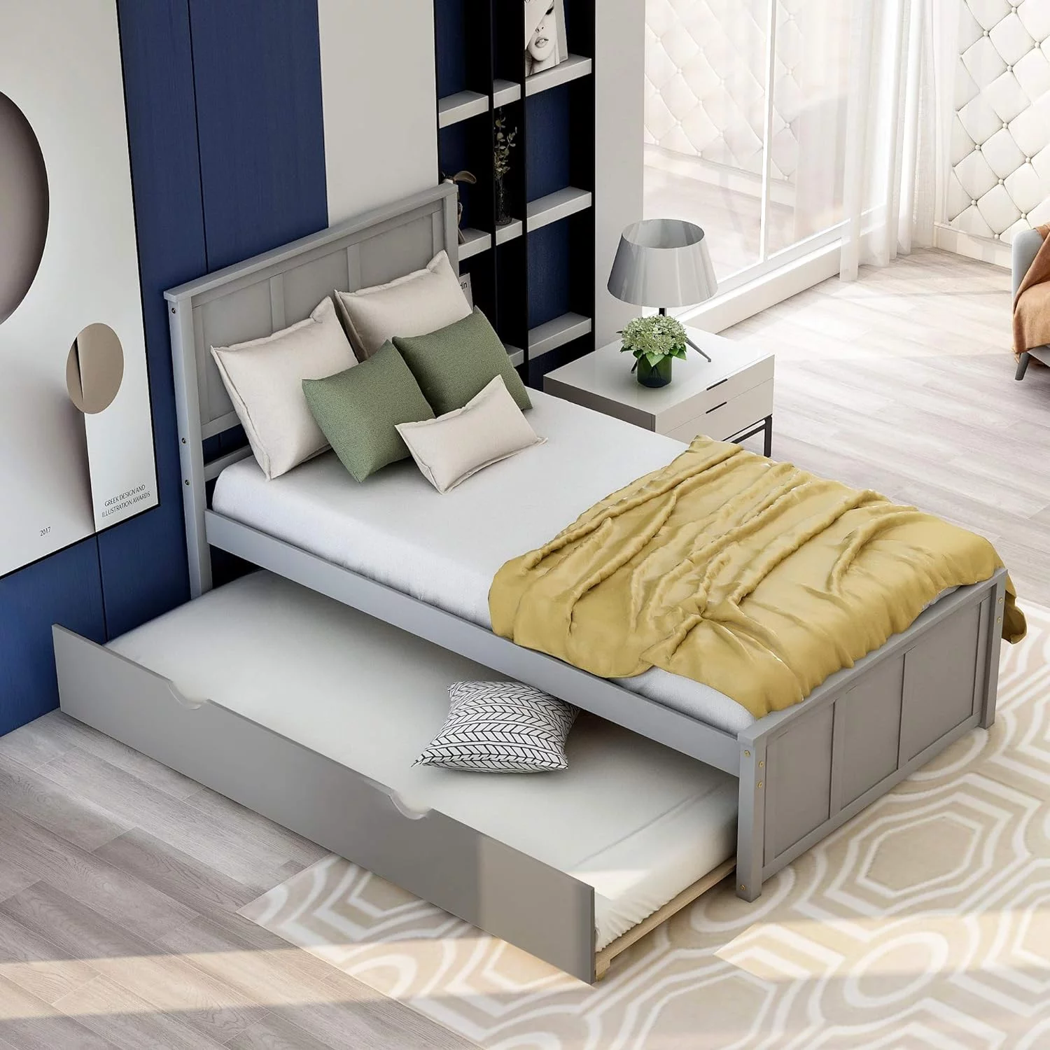 Bed Frame With Headboard And Trundle, Wood Platform Bed With Trundle, No Box Spring Needed (Gray With Trundle)