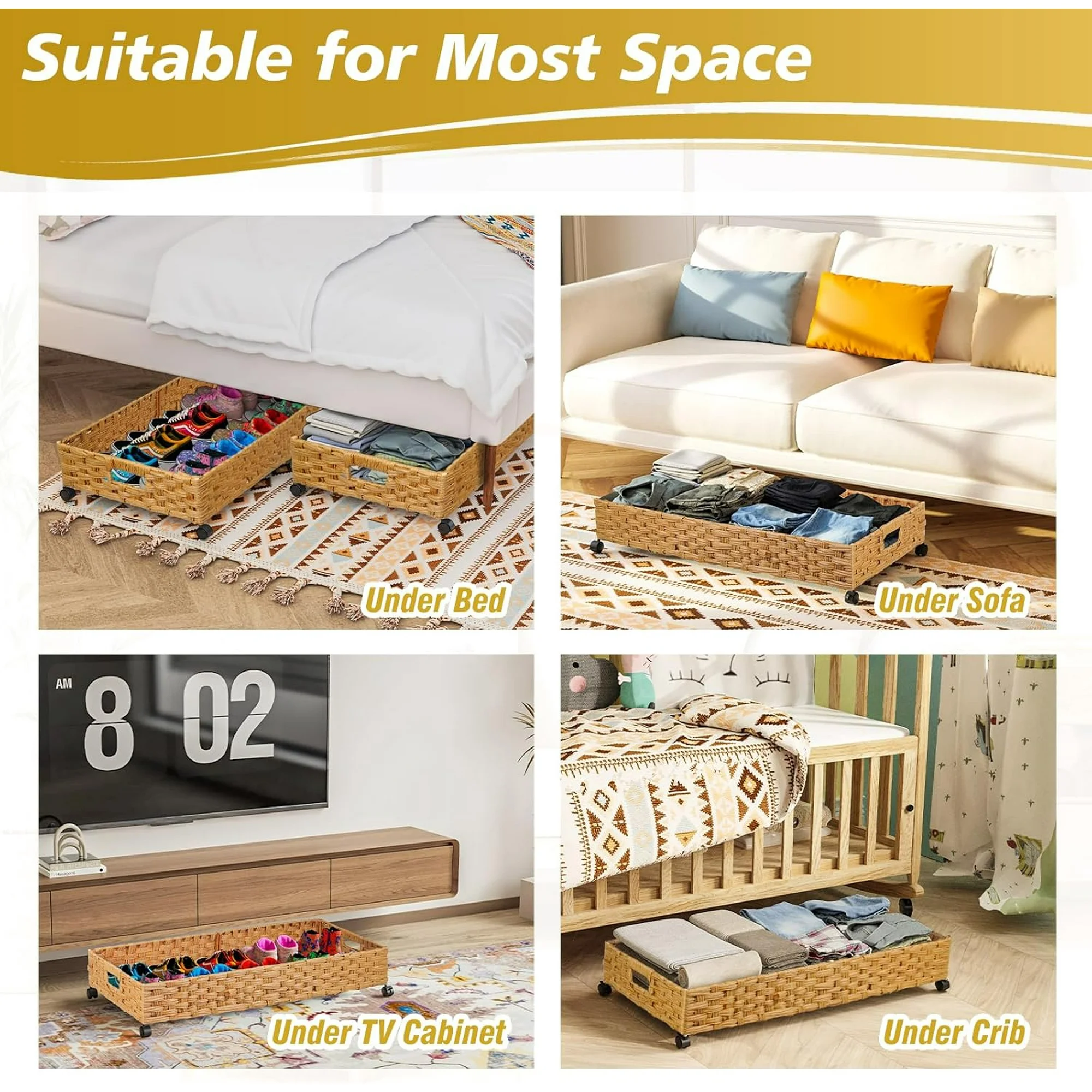 Under Bed Storage Containers with Wheels, 2 Pack 31.5in / 35L Handmade Rattan Underbed Organizer Drawer