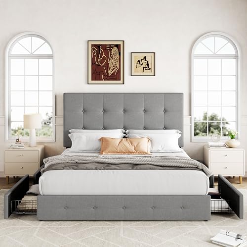 Allewie Upholstered Queen Size Platform Bed Frame with 4 Storage Drawers and Headboard, Square Stitched Button Tufted