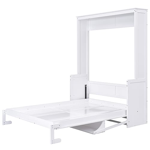 Queen Size Murphy Bed with Foldable Shelf/Desk, Wall Bed cabinet with Storage Shelves, Solid Pine Wood Murphy Bed Frame with Desk for Bedroom
