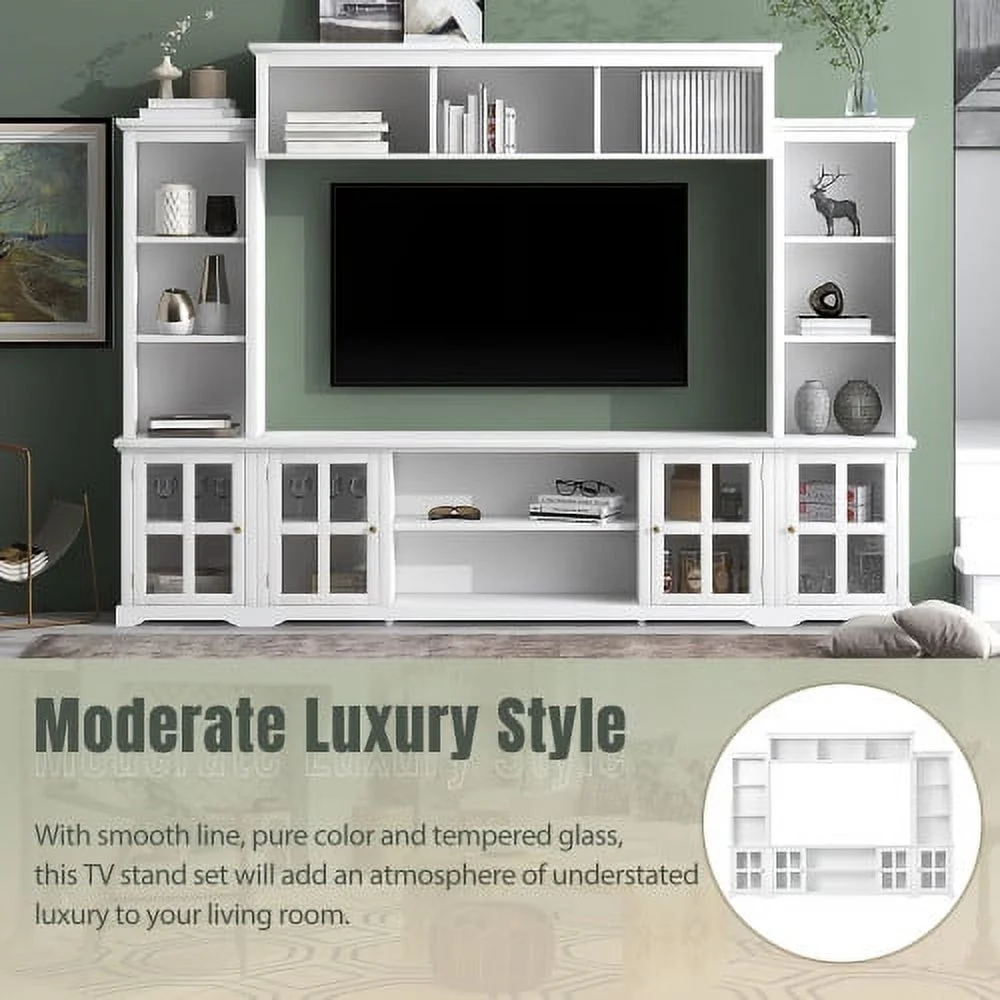 Minimalism Style Entertainment Wall Unit with Bridge, Modern TV Console Table for TVs Up to 70", Multifunctional TV Stand with Tempered Glass Door
