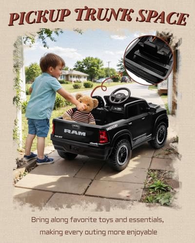 12V Licensed Ram 1500 Ride on Toy for Kids, Toddler Ride on Pickup Truck with Parent Remote Control, Electric Car for Kids with Truck Bed Storage