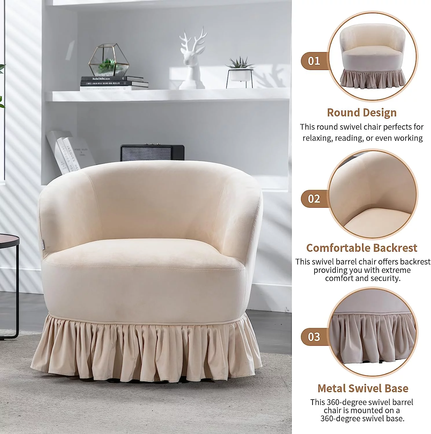 Tabaray Swivel Barrel Chair with Pleated Skirt, 360 Degree Swivel Barrel Club Chair, Comfy Velvet Round Sofa Chair for Living Room