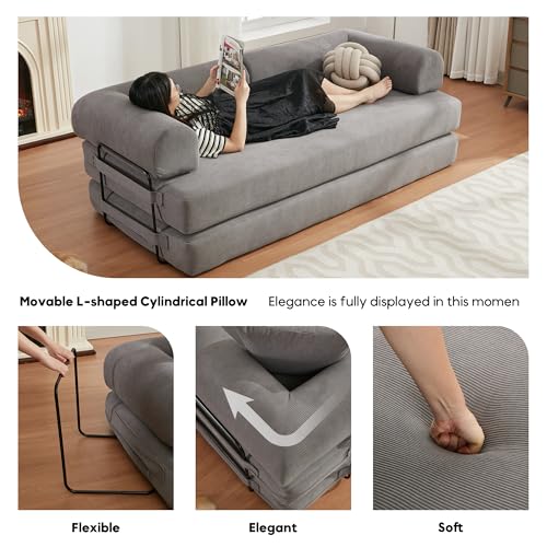 Convertible Sleeper Sofa Bed with Cylindrical Pillow, Corduroy Folding Mattress Couch with Fixed-Shape Frame